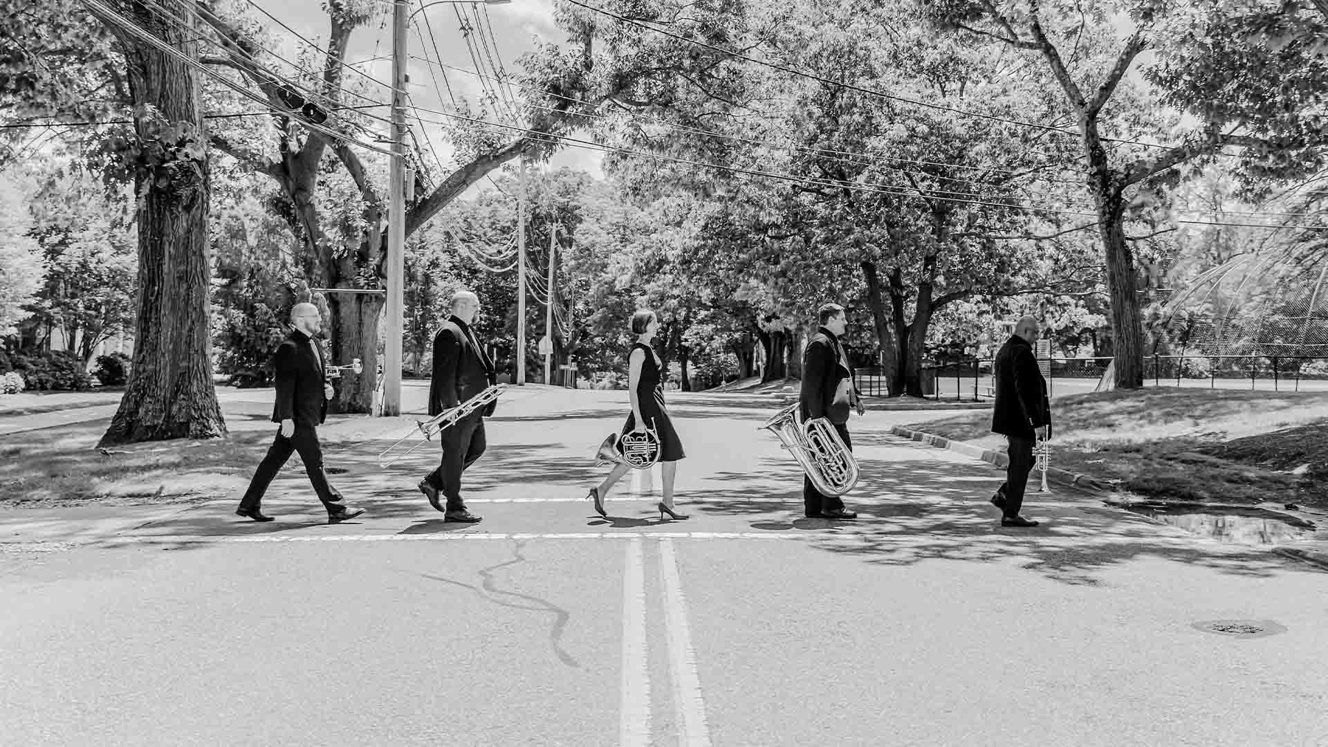 bala brass quintet crossing the street