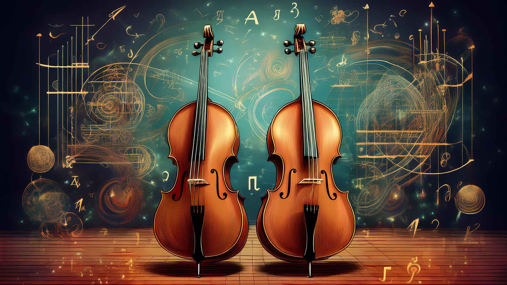 two cellos in front of symbols of mathematics