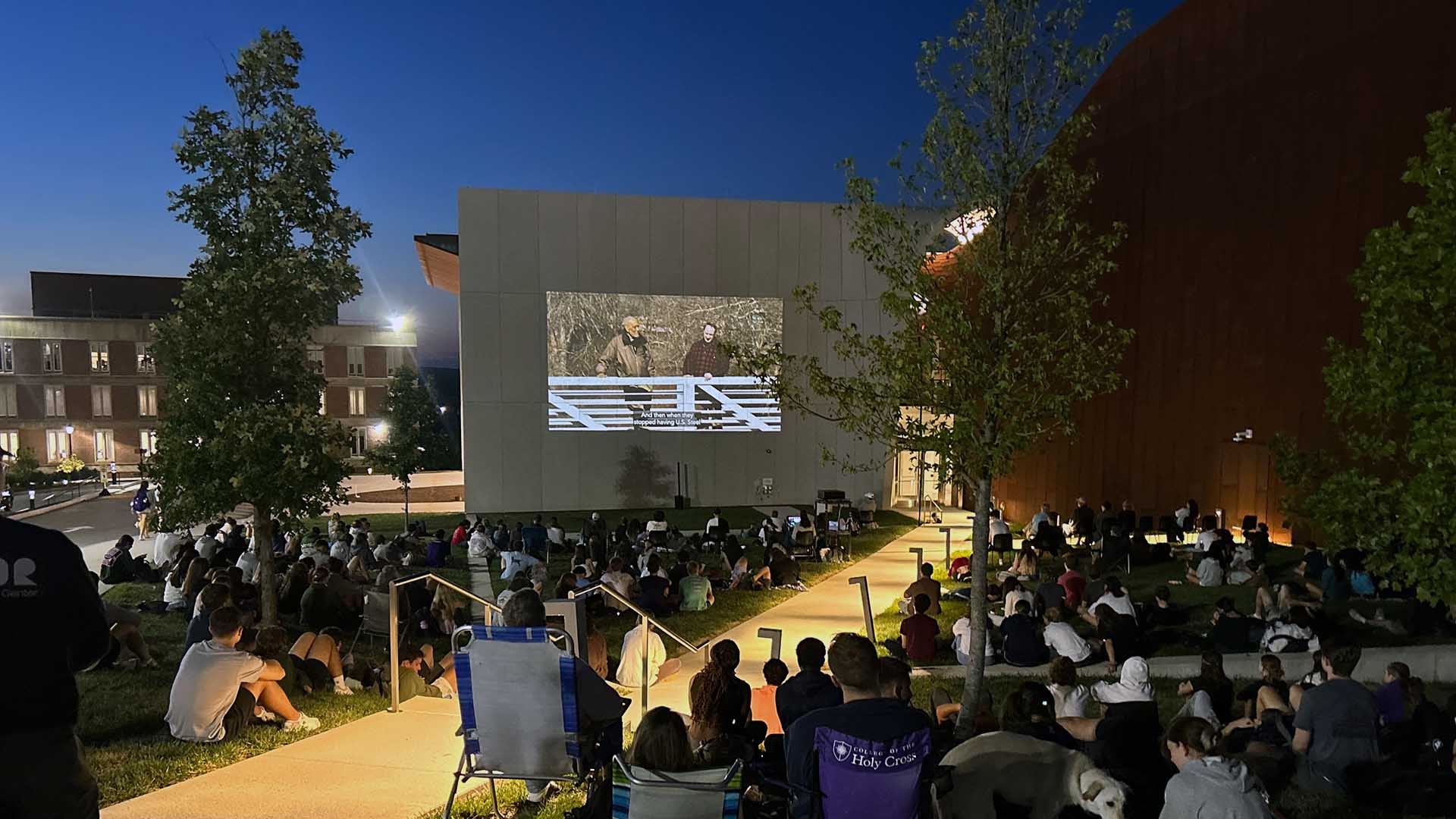 an outdoor film screening at The Prior