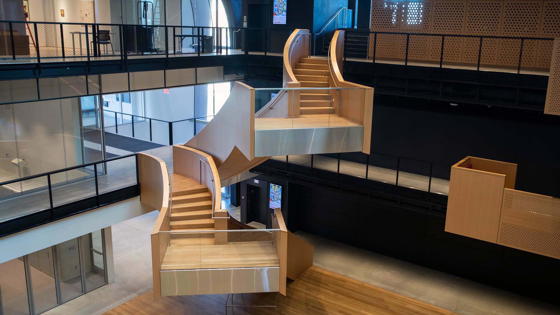 the grand staircase in The Beehive atrium in The Prior Performing Arts Center