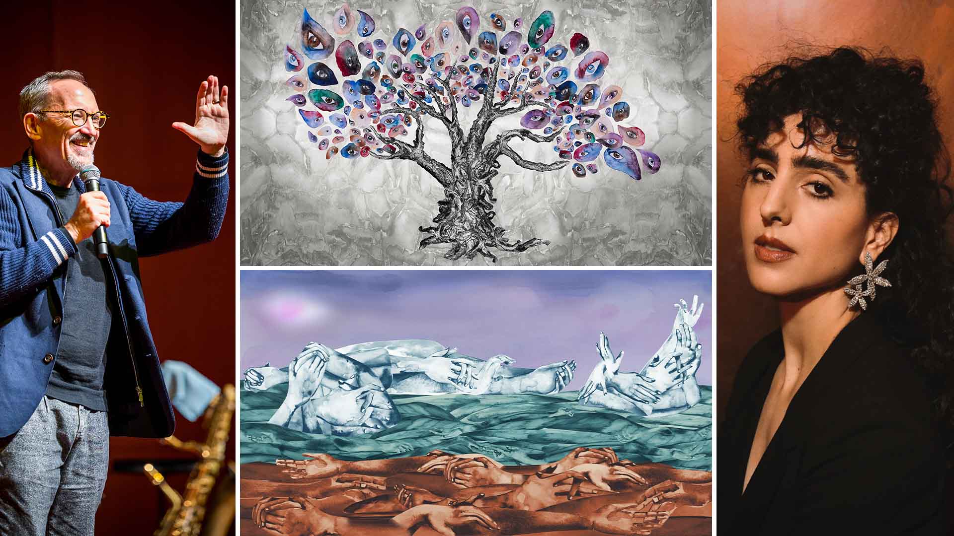 osvaldo golijov and alex sopp with two images of her "Creation" artwork