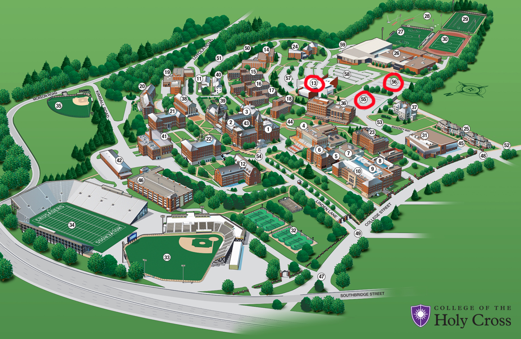 a map of Holy Cross campus highlighting parking areas near The Prior Performing Arts Center