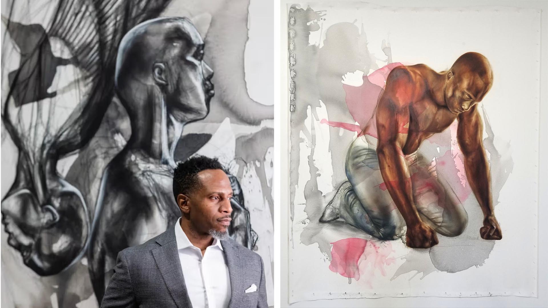 artist Imo Nse Imeh in front of original works of art