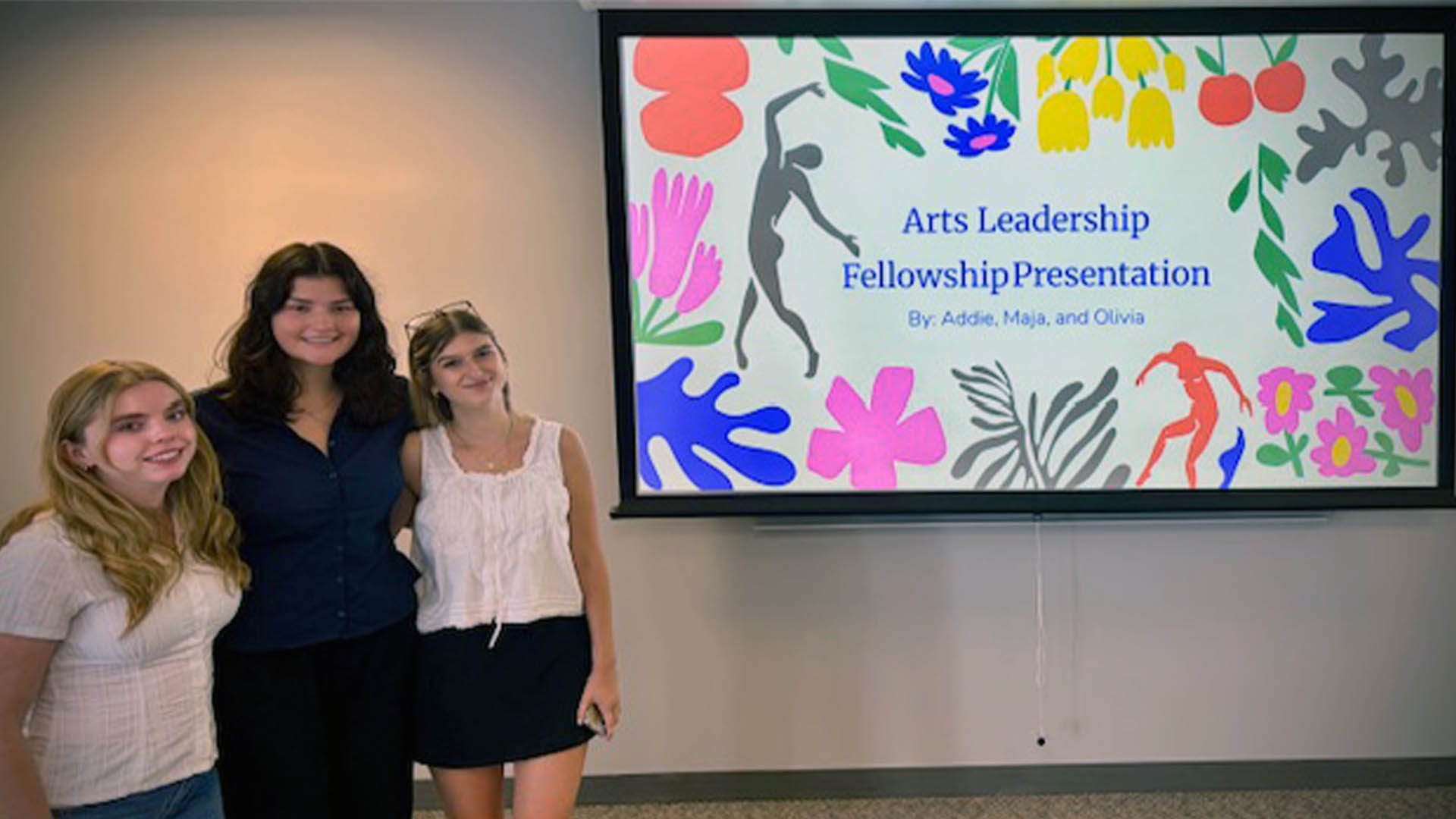 2026 Arts Leadership Fellowship program cohort of Adelaide (“Addie”) Abstoss ‘28, Maja Bacic ‘28, and Olivia King ‘27. 